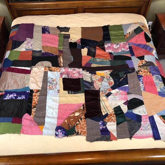 Antique hand sewn patchwork crazy quilt top
